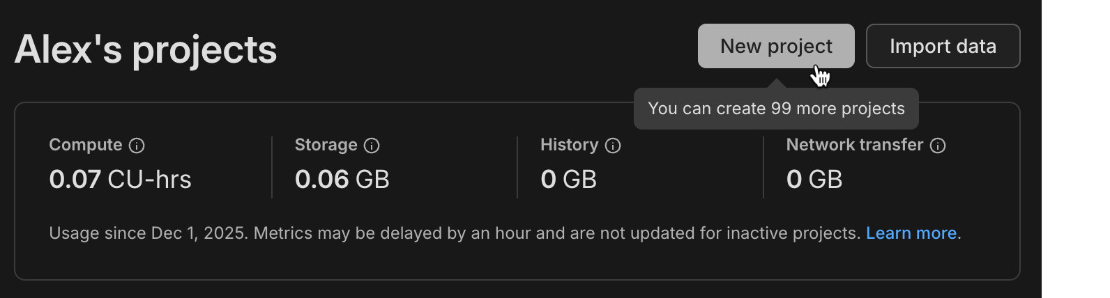 Dashboard page showing 100 Free Plan projects