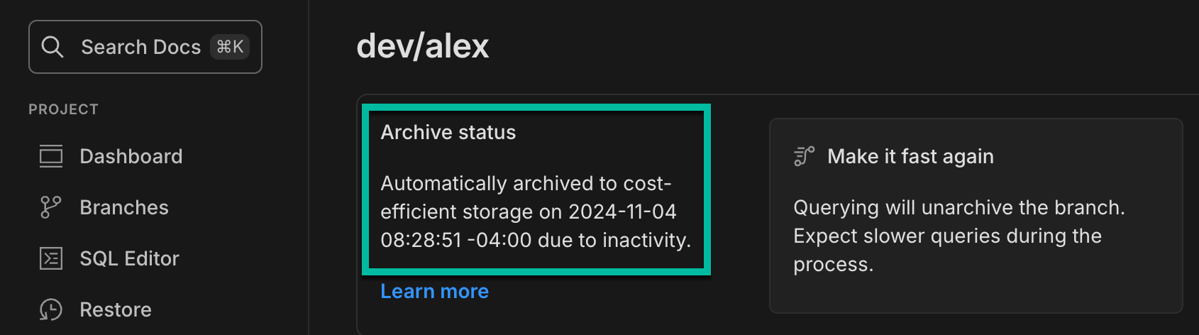 the archive status shown on a branch in the branch detail page