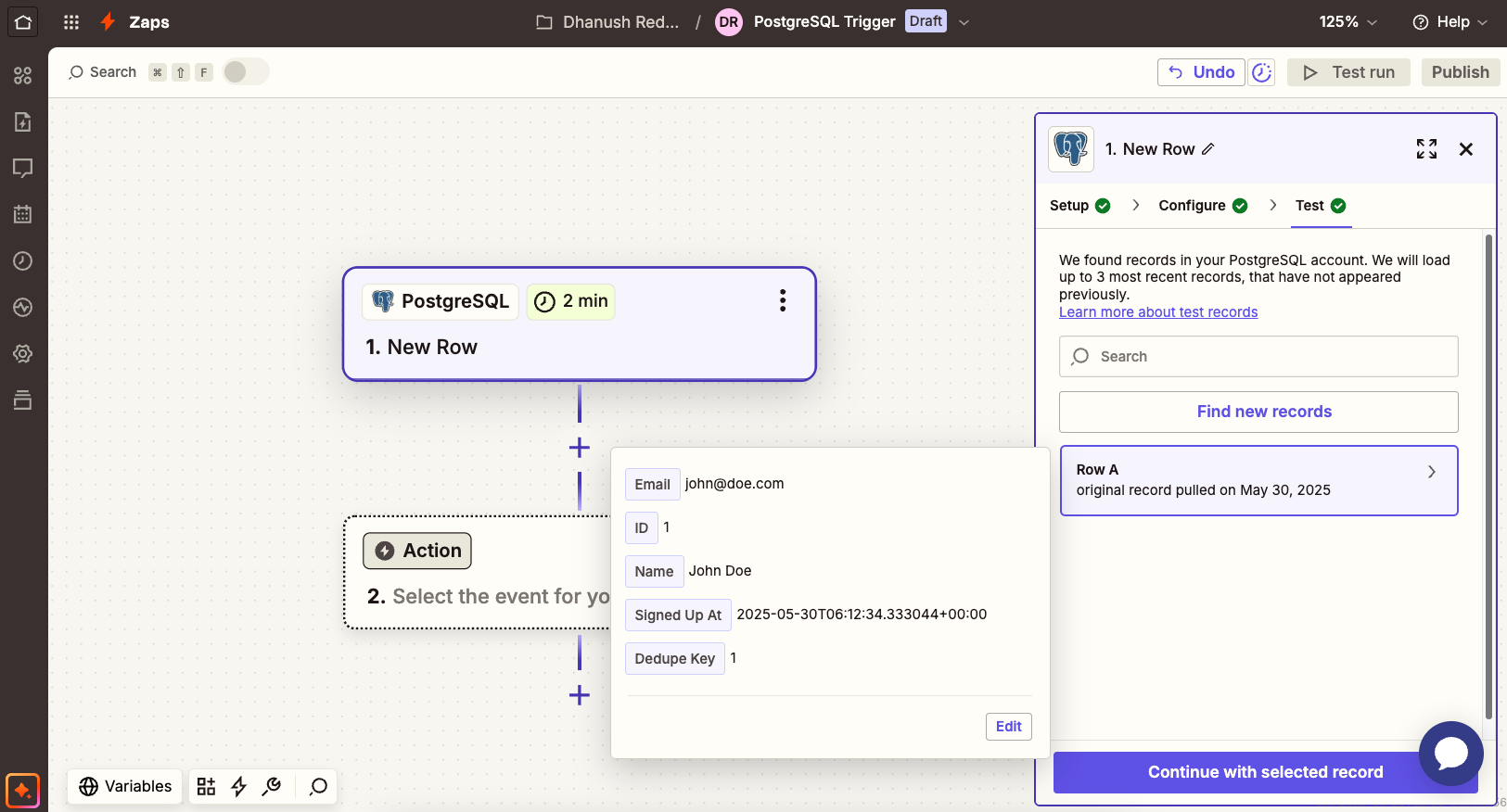 PostgreSQL trigger test in Zapier